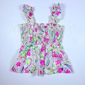 Crown & Ivy Pink and Lime Floral Paisley Smocked Peplum Top with Ruffle Straps